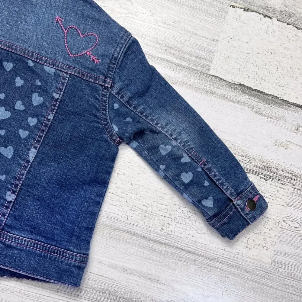 Hatley Jacket Girls 2 Blue Denim Heart Print Lined Embroidered
